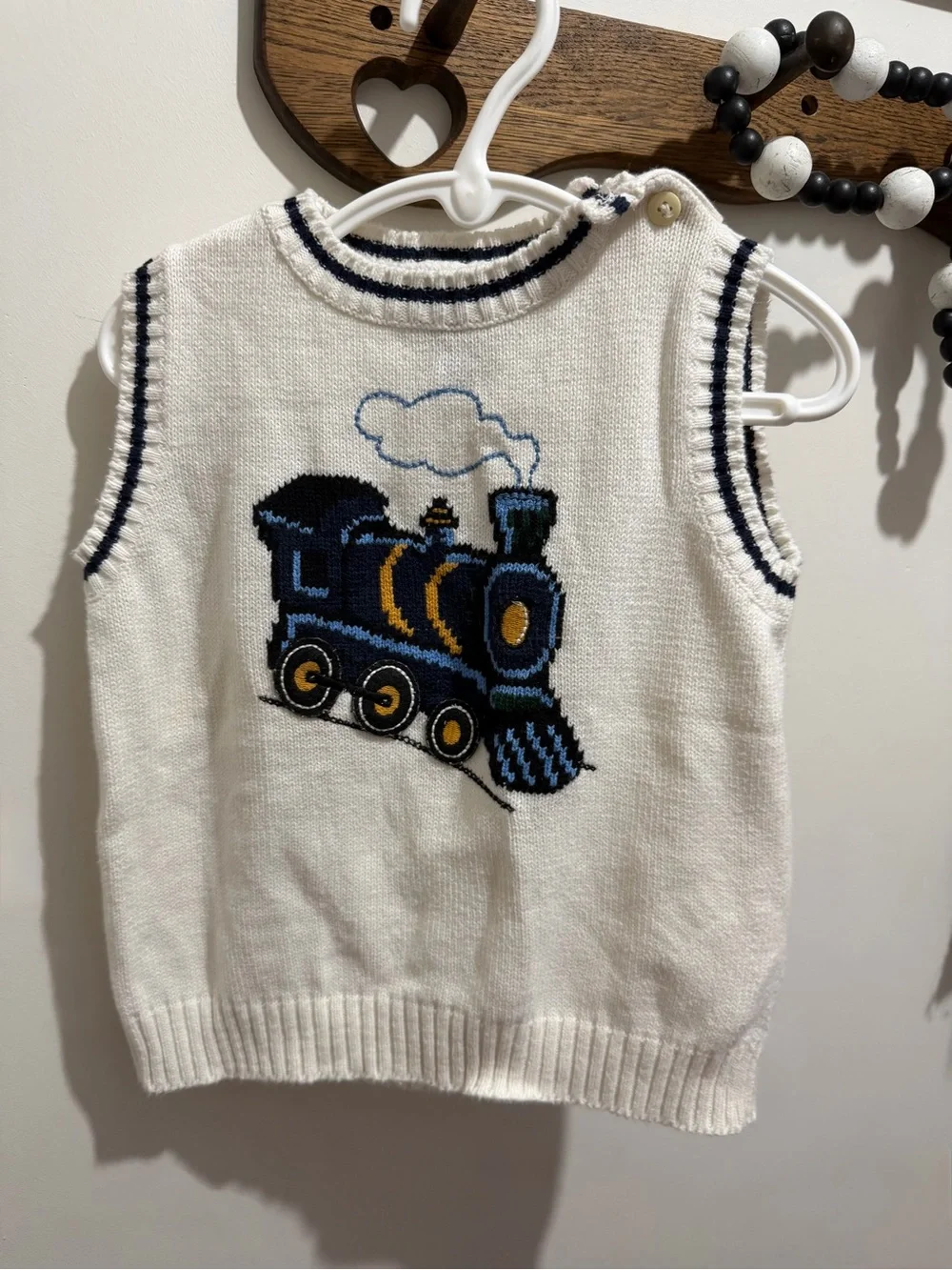 Vintage The Children's Place White Sweater Vest with Navy & Yellow Train